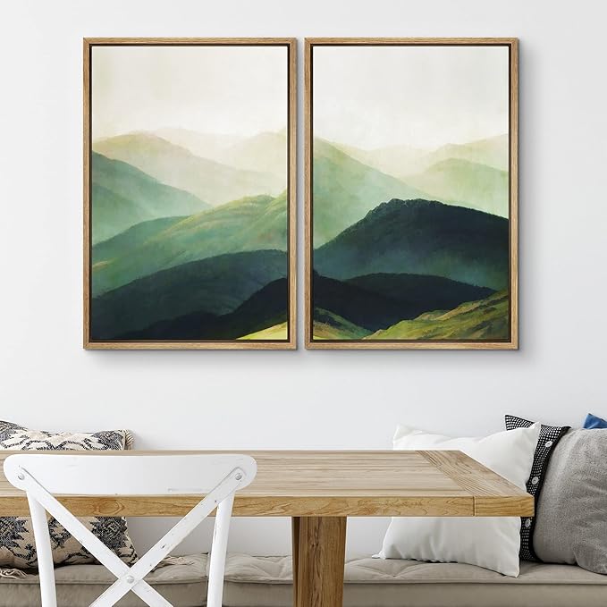 SIGNWIN Framed Canvas Print Wall Art Set Green Mountain Range Forest Landscape Nature Wilderness Digital Art Modern Art Floral Rustic Decorative for Living Room, Bedroom, Office - 24"x36"x2 Natural