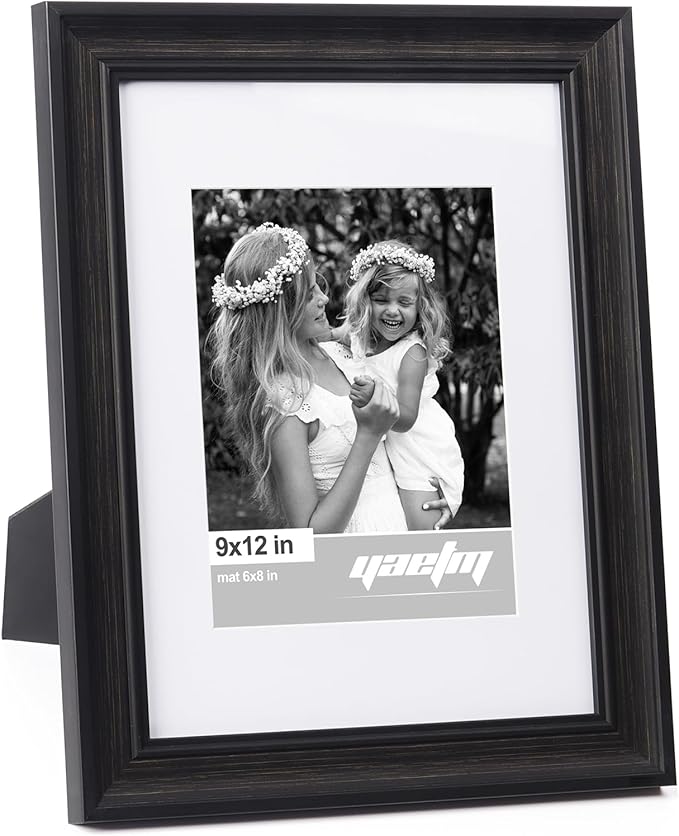Yaetm 9x12 Picture Frame Matted to 6x8 Set of 4, 1.4” Wide Molding & Distressed Black Photo Frames 9 x 12 with Tempered Glass, Display on Tabletop & Wall Mounting (4 pack, Black)