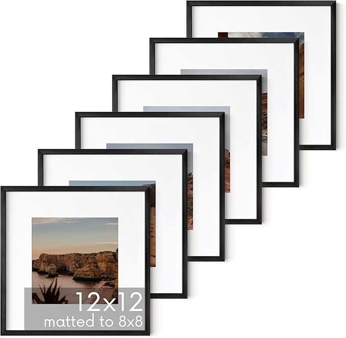 HAUS AND HUES 12x12 Black Metal Picture Frames Matted to 8x8 - Features Premium Aluminum & Hanging Hardware, Shatterproof Plexiglass - Ideal for Home, Room, Office (12x12 in, Black, Set of 6)