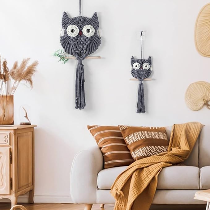 MVSUTA Owl Grey Cotton Handmade Macrame Wall Hanging Tapestry Home Decor Art and Gray Craft Wonderful Decoration Woven Boho Ornament for Office Bedroom Apartment Living Nursery Gallery,2pcs set:1pc L