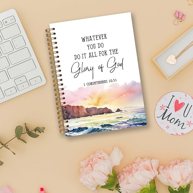 Watercolor Christian Spiral Notebooks, 1 Corinthians 10:31 Bible Journal, Scripture Journals for Writing, Christian Gifts for Women, Religious Notebook for Note Taking, 5.5x8.3 Inch