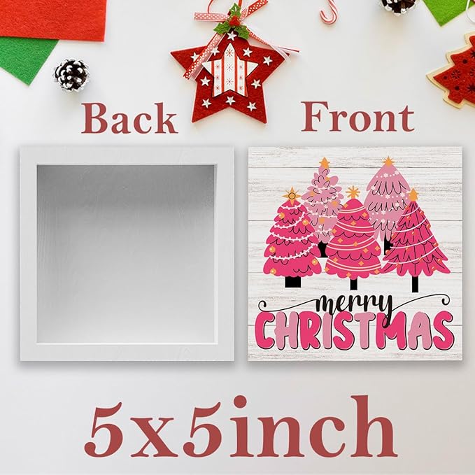 WRSUNT Rustic Pink Merry Christmas Wall House Decor Wood Box Sign, Farmhouse Christmas Santa Artwork Decor, Wood Square Sign Desk Block Signs Home Shelf Office Decoration 5 x 5 Inches