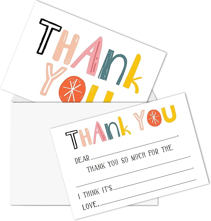 Colorful Kids Thank You Cards, Minimalist Thank You Card For Baby Shower Birthday Party, Kids Birthday Cards Fill In The Blank, 20 Pack Cute Greeting Cards With Envelopes For Boys And Girls, 008