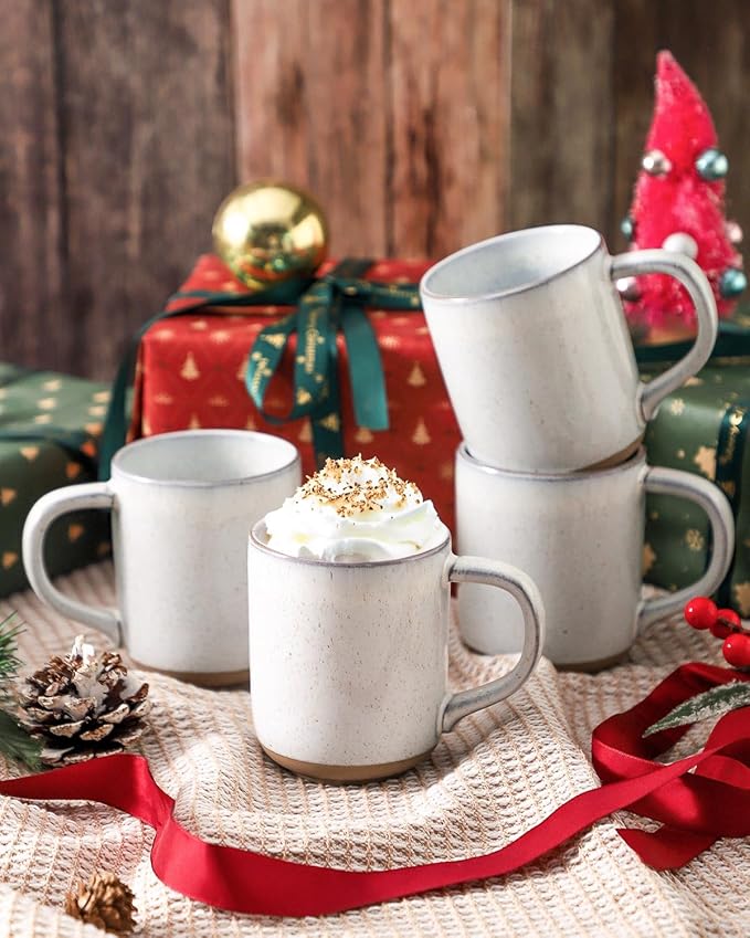 HASENSE Coffee Mugs, 12 OZ Coffee Cups Ceramic Set of 4 with Handle and Speckled Patterns for Man Woman, Vintage Stoneware Porcelain Coffee Cups Set for Tea, Cocoa, Milk, Latte and Cappuccino - White