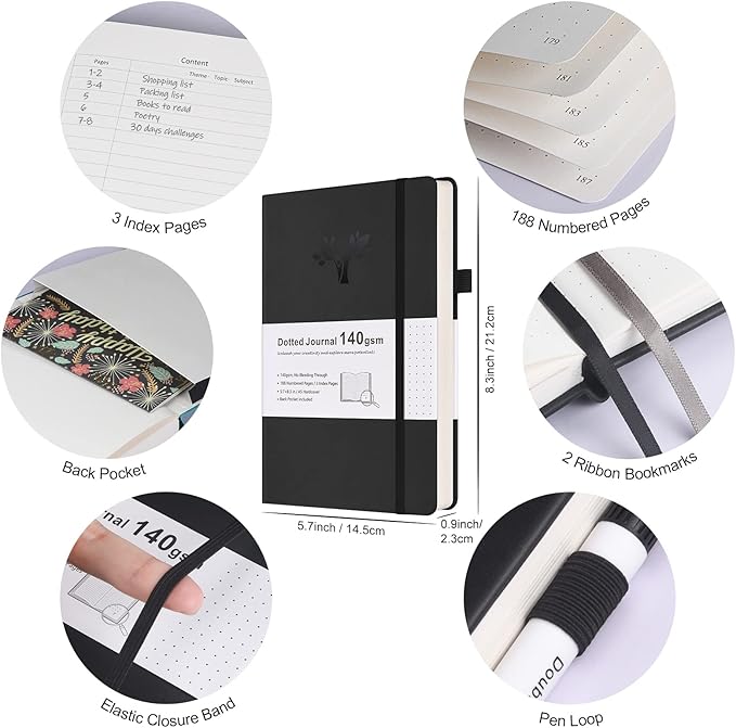 Bullet Dotted Journal Kit, 140gsm No Bleed A5 Dotted Bullet Grid Journal Set with 188 Pages, 10 Stencils, 14 Washi Tape, 12 Brush Pens Dual Tip, Journaling Supplies for Diary Schedule Planner, Black