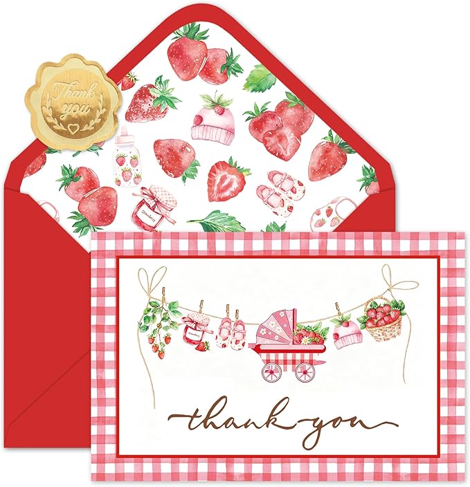 24 Pack Strawberry Baby Shower Thank You Cards Greeting Cards Plaid Blank Note Card with Envelopes Stickers for Girl Birthday Gender Reveal, 4 x 6 Inch