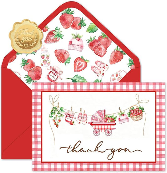24 Pack Strawberry Baby Shower Thank You Cards Greeting Cards Plaid Blank Note Card with Envelopes Stickers for Girl Birthday Gender Reveal, 4 x 6 Inch