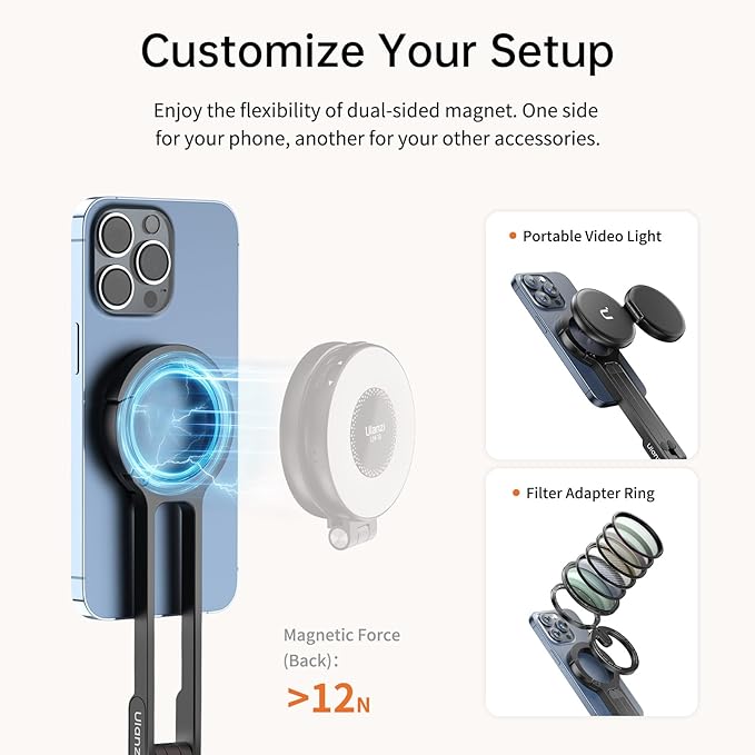 ULANZI MA30 Magnetic Phone Tripod Stand for iPhone - Aluminium Maglock Smartphone Mini Tripod Pocket Cell Phone Stand Strong Magnet Quick Mount Compatible with iPhone 17 16 15 14 13 12 Series, Black