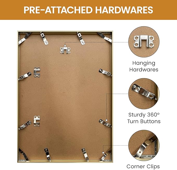 13x18 Aluminum Metal Picture Frame,Tempered Glass Gold Photo Frame 13x18 for Family Photo,Posters,Art,Document to Wall Mount Horizontally or Vertically