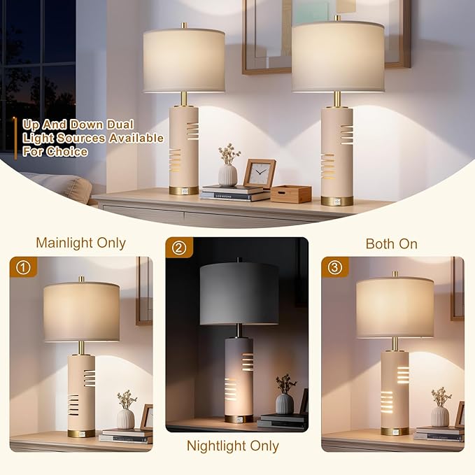 27.5" Faux Stone Table Lamps Set of 2 with Night Light, Farmhouse Lamps for Living Room with USB A+C Ports, Bedside Table Lamps with Linen Shade for Bedroom Nightstand Office (Bulb Included)