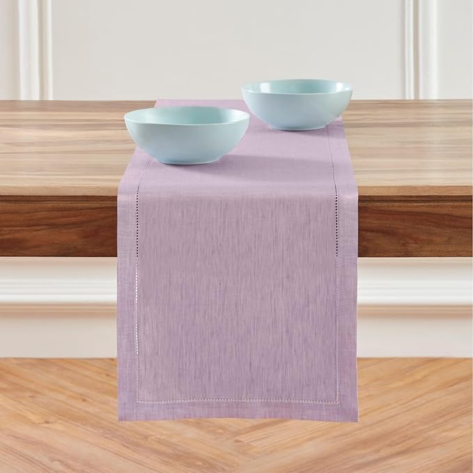 Solino Home Linen Table Runner 108 Inches Long - 100% Pure Linen Chambray Lavender Table Runner 14 x 108 Inch for Spring, Easter, Valentines - Milan Hemstitch