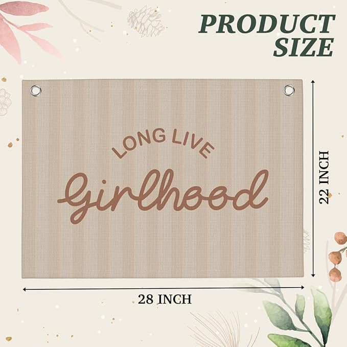 Long Live Girlhood Linen Banner Hanging Flag Girls Room Playroom Wall Decor for Nursery Playroom Kids Bedroom Dorm Toddler Decorations Princess Trendy Room Decor 22x28 Inch