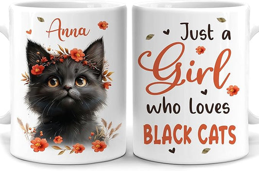 Hyturtle Personalized Cute Black Cat Mug Gift For Cat Lover - Just A Girl Who Loves Black Cats - Cat Gift For Women - Gift For Animal Lover - Birthday - Custom Coffee Cup Ceramic Mug 11oz - 15oz