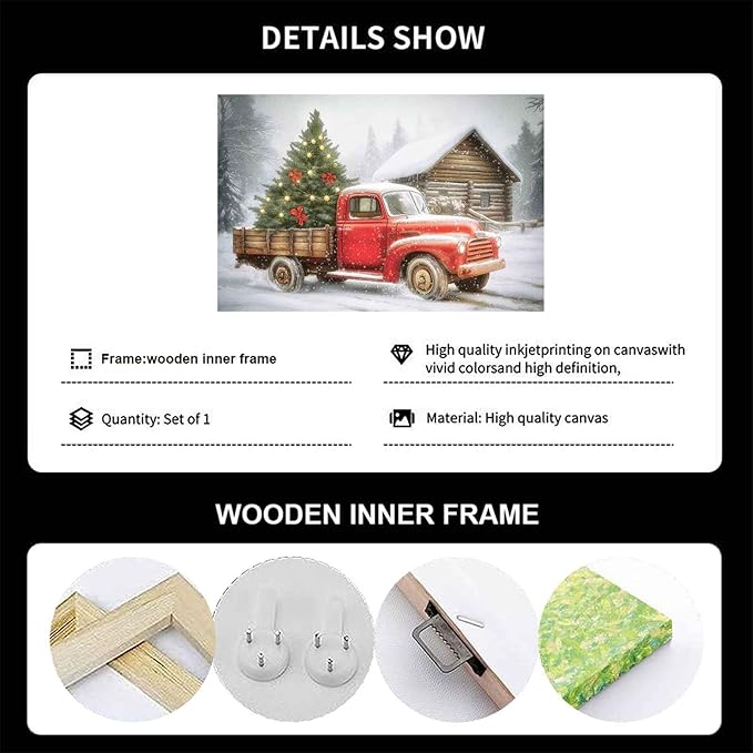 Red Truck Christmas Tree Vintage Holiday Wall Art Winter Snow Scene Poster Nostalgic Truck Canvas Print Indoor Decor for Home Living Room Bedroom Office Dining Room Farmhouse Framed Ready to Hang