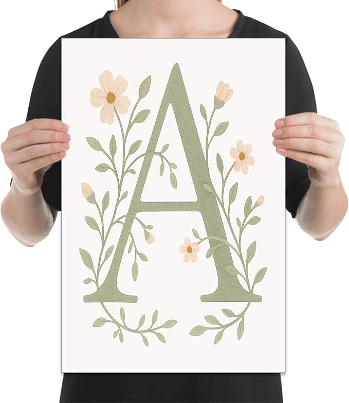 Floral Monogram Initial A - Nursery Wall Art - 13x19 Poster Print - Botanical Design