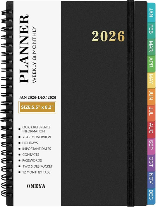 2026 Planner – 2026 Planner Weekly and Monthly: Jan. 2026 - Dec. 2026, 5.5" x 8.2", 2026 Calendar Planner with Monthly Tabs, Flexible Cover, Thick Paper, Inner Pocket for School Office Supplies(Black)