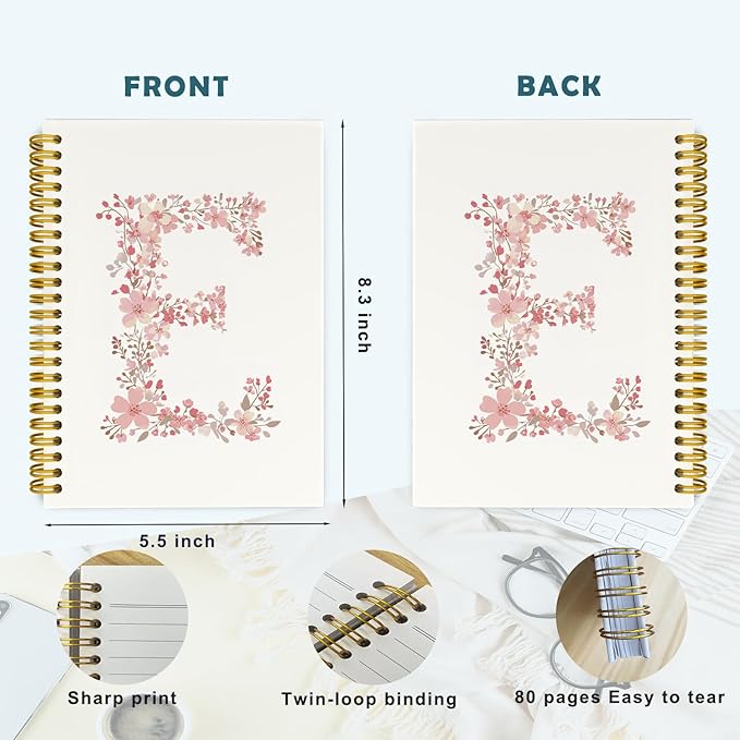 Pink Cute Spiral Notebook Journal, Preppy Floral Initial Letter E Personalized Journaling Notebooks, Monogrammed Gifts for Women Girls, Botanical Hardcover Spiral Lined Notebook 5.5 x 8.3