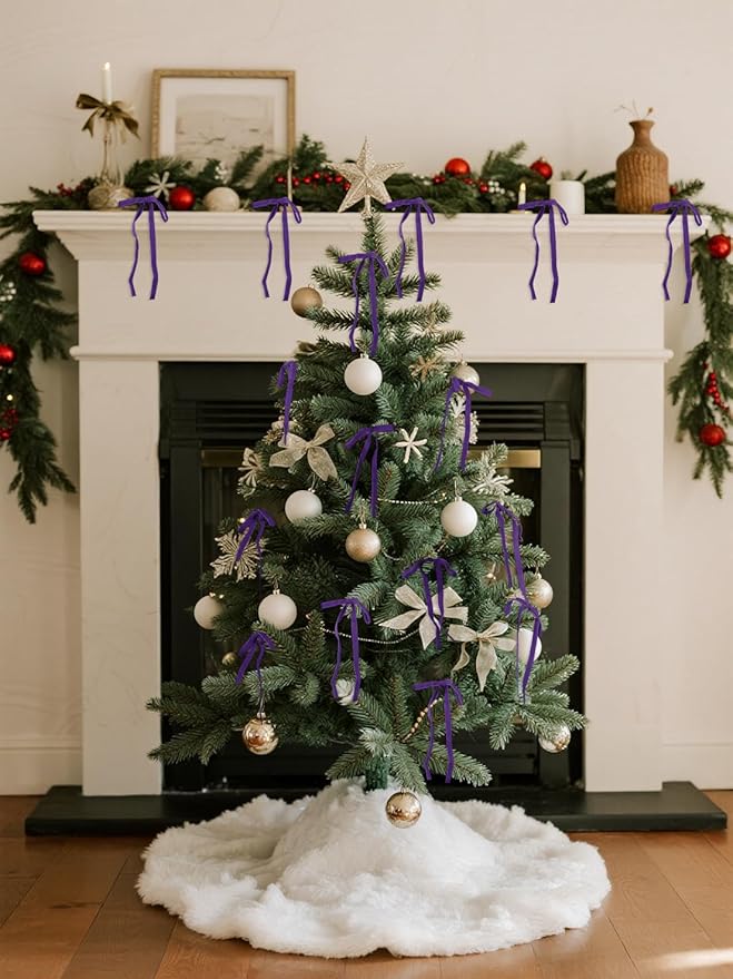 SIMISI RIBBON 24Pcs Purple Christmas Velvet Ribbon Bows Decorations Xmas Ornaments Vintage Decor for Tree, Wreath, Garland (3/8'' Width, 5 * 7 inch)