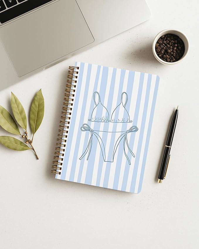 Girly Beach Notebook, Preppy Blue Striped Coastal Journal, Trendy Ocean Journal for Writing, Beach Lover Gifts for Women, Aesthetic Beachy Spiral Notebook, 5.5x8.3 Inch 555