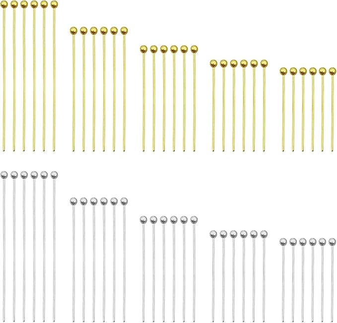 1000pcs Jewelry Head Pins Kit for Jewelry Making,Ball Head Pins Beading Pin Assorted Heads Pin Set Eye Pins Supplies for Earring Beading DIY Craft,18/20/24/30/35mm (Silver,Gold)