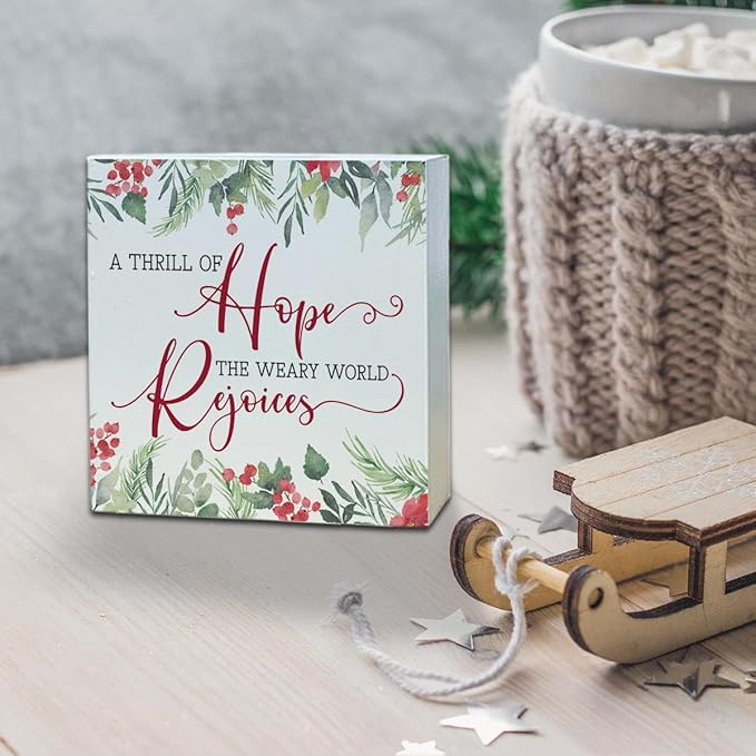 Christmas Wooden Desk Decor Sign, A Thrill of Hope The Weary World Rejoices Wooden Box Sign, Winter Christmas Home Plaque for Living Room Bedroom Office Table Top Decor 5x5 Inches