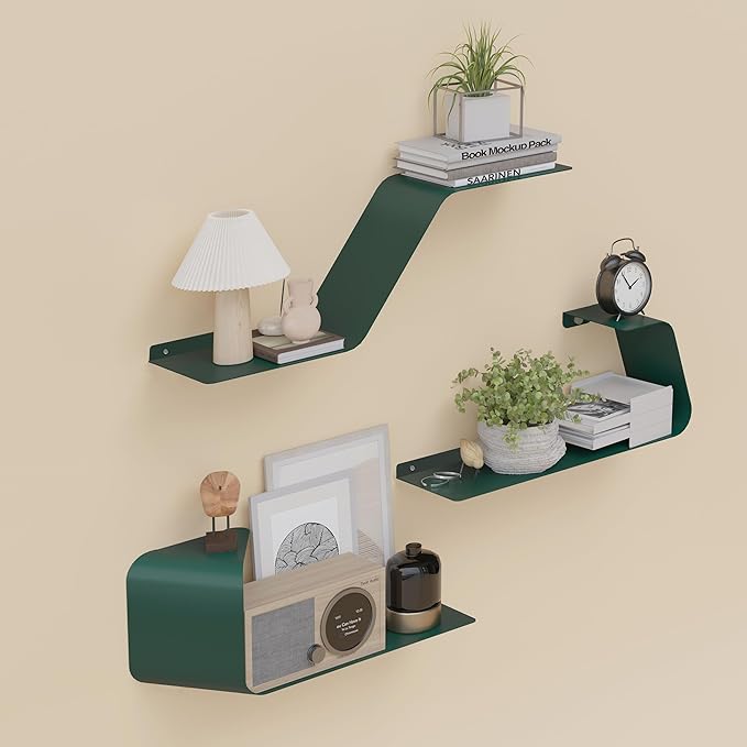 Floating Shelves, Wall Shelf Decor, Set of 3 Mounted Metal Shelves with Unique Design for Wall Storage, Book Shelf, Display Shelves for Bathroom Bedroom Kitchen Living Room for Home Green