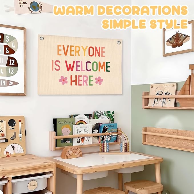 Girls Room Wall Decor,Everyone Is Welcome Here Linen Canvas Banner,Boho Classroom Wall Hanging Flag, Therapy Office Calming Corner Decor,Kids Room Playroom Wall Art,Mental Health Decor,20x30