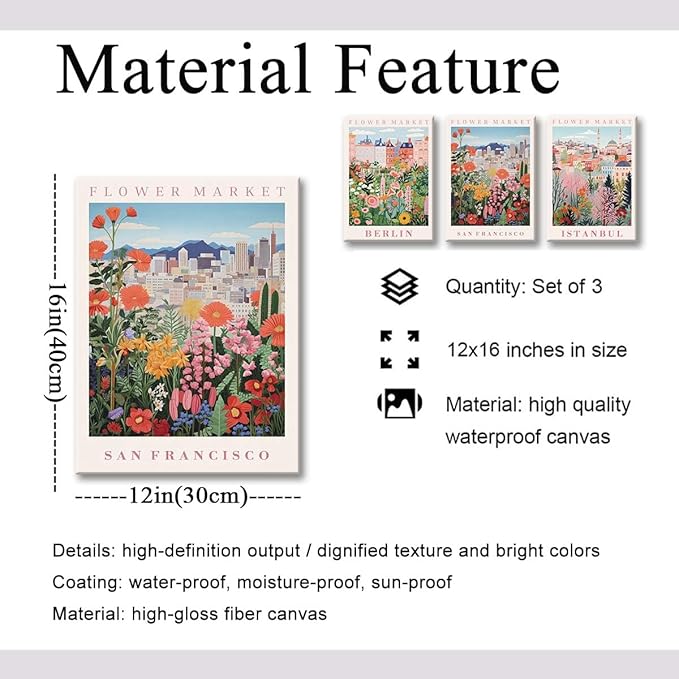 XLARTMY Flower Market Wall Art Prints Canvas Orange and Pink Floral Paintings Colorful Botanical Travel Flower Posters for Home Decor Pictures Set of 3 for Living Room Bedroom 12x16in
