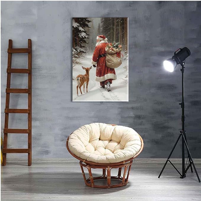Canvas Wall Art Vintage Santa Claus Print Christmas Wall Art Reindeer Painting Christmas Holiday Decor Winter Forest Painting 16x24in-UnFramed
