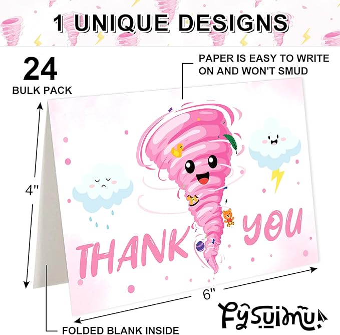 24 Pack Two-nado Party Thank You Card Pink Tornado Greeting Cards with Envelopes Stickers Blank Note Cards for 2nd Birthday Baby Shower, 4 x 6 Inch