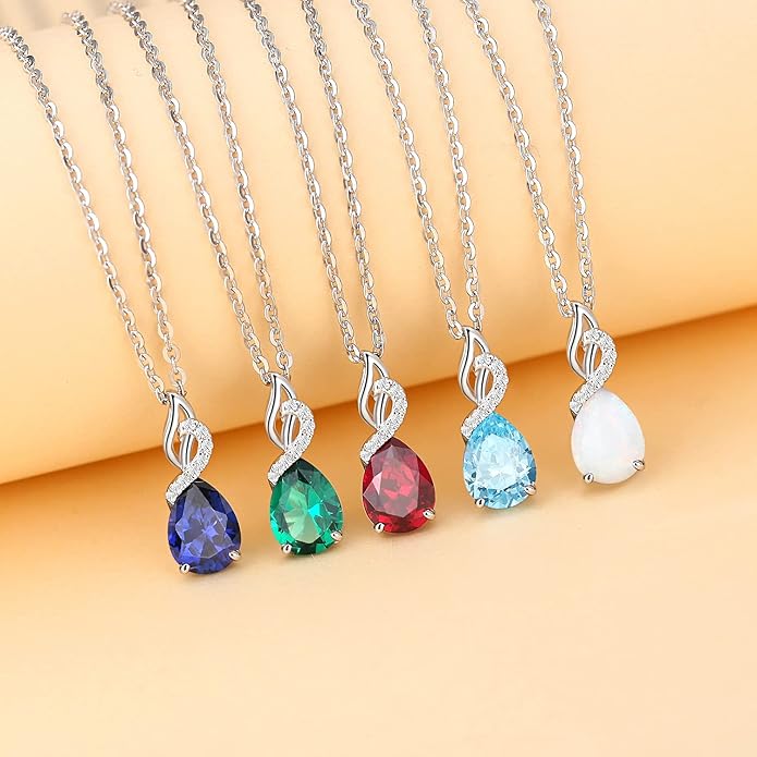FANCIME 14K Solid White Gold Teardrop Pendant with Diamond Birthstone Necklace
