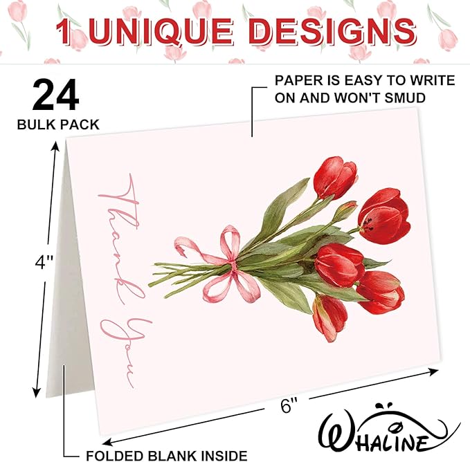 Whaline 24 Pack Tulip Flower Thank You Cards Greeting Cards Pink Floral Blank Note Card with Envelopes Stickers for Spring Mother's Day Wedding Bridal Baby Shower Birthday, 4 x 6 Inch