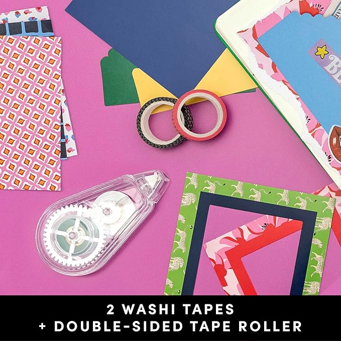 PAPERAGE Junk Journal & Scrapbook Kit, Hardcover Blank Journal Notebook, 20 Patterned Papers, 8 Sticker Sheets, 20 Die-Cut Shapes, 2 Washi Tapes & Tape Roller, Creative Journaling Supplies - Raspberry