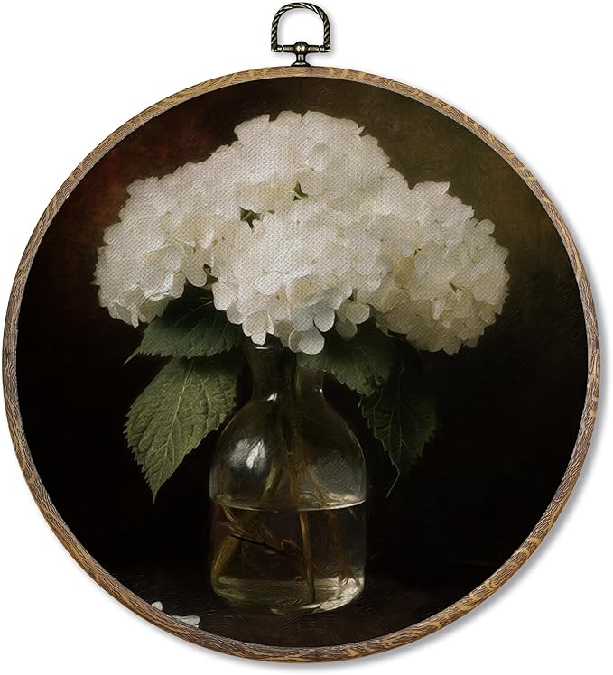 FUGWN Vintage White Hydrangea Floral Round Wall Art Decor Framed, Retro Cottagecore Hydrangea Canvas Artwork Prints, Dark Moody Flower Wall Hanging Decorations for Home Bedroom Living Room, 10x10 Inch
