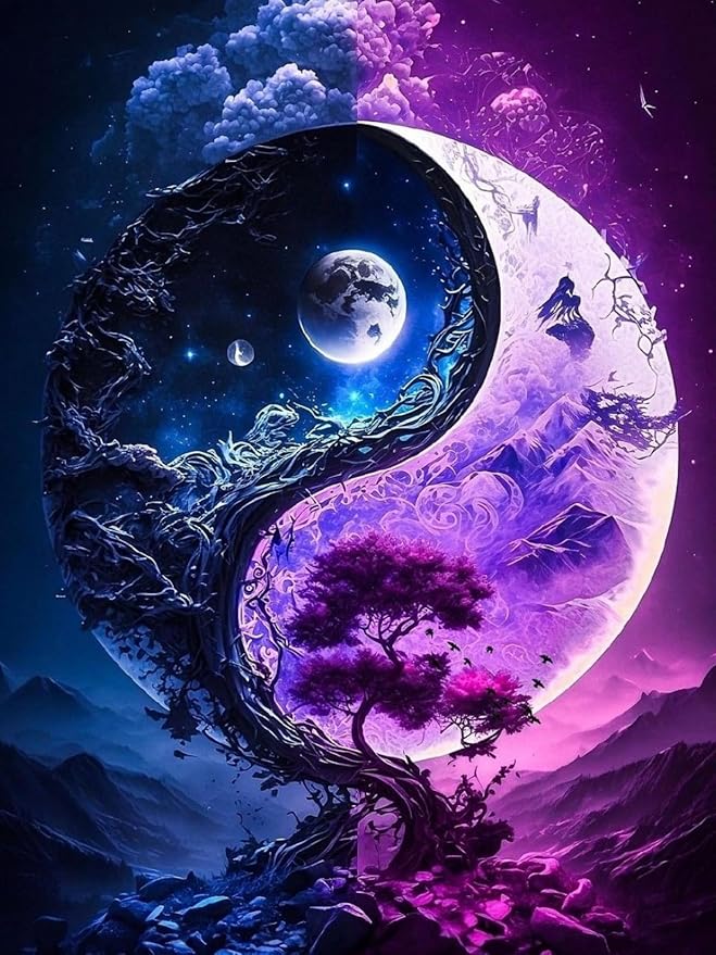 Mosaflare 5D Diamond Painting Kits for Adults, Yin Yang Tree Diamond Art for Beginners, DIY Moon Full Round Drill Paint by Diamonds Dot Gem Art for Adults, Home Wall Decor 12x16 Inch
