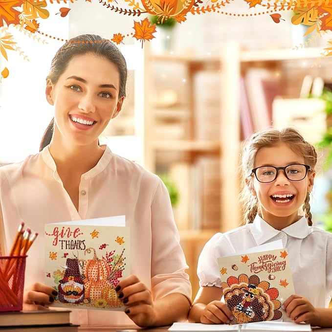 Saillong 12 Pack Thanksgiving Diamond Painting Greeting Card Kits DIY Fall Diamond Art Cards with Envelopes Pumpkin Turkey 5D Rhinestones Paint Card for Adults DIY Crafts Family Friend Birthday Gifts