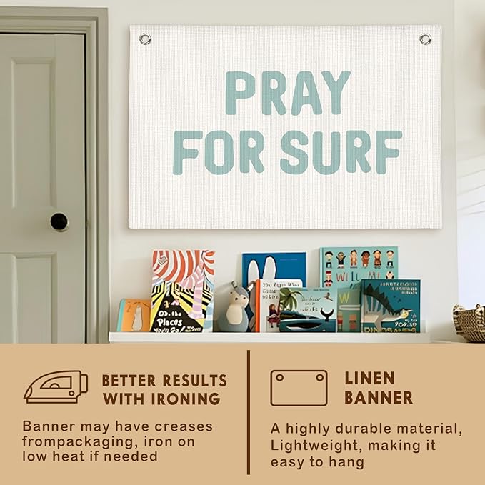 Lacama Surf Decor, Coastal Beach Room Decor Aesthetic, Surf Blue Linen Banner Wall Hanging Canvas Banner Flag Decor for Coastal Surfer Room Bedroom Beach Decorations 30x20 In