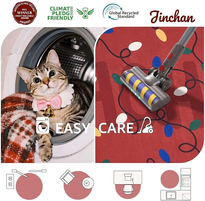 jinchan Jingle Lights Round Christmas Rug for Living Room 5ft Red Circle Holiday Rug for Bedroom 5' Colored String Lights Printed Xmas Decor Washable Indoor Carpet for Dining Room Foyer Non-Slip