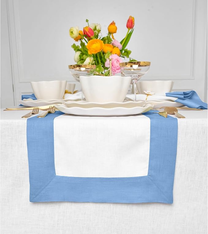 Solino Home Linen Table Runner 36 Inches - 100% Pure Linen Cornflower Blue and White Short Table Runner 14 x 36 Inch Ideal for Dresser and Coffee Tables - Contempo, Winter, Spring, Easter