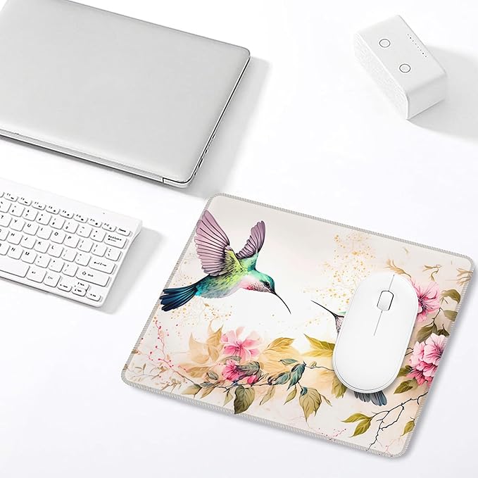 Mouse Pad, Watercolor Colibri Birds and Pink Flowers Mouse Pads for Desk,Soft Computer Mouse Mat Square Waterproof Non-Slip Rubber Base Gaming MousePads for Women Men,Laptop,Office