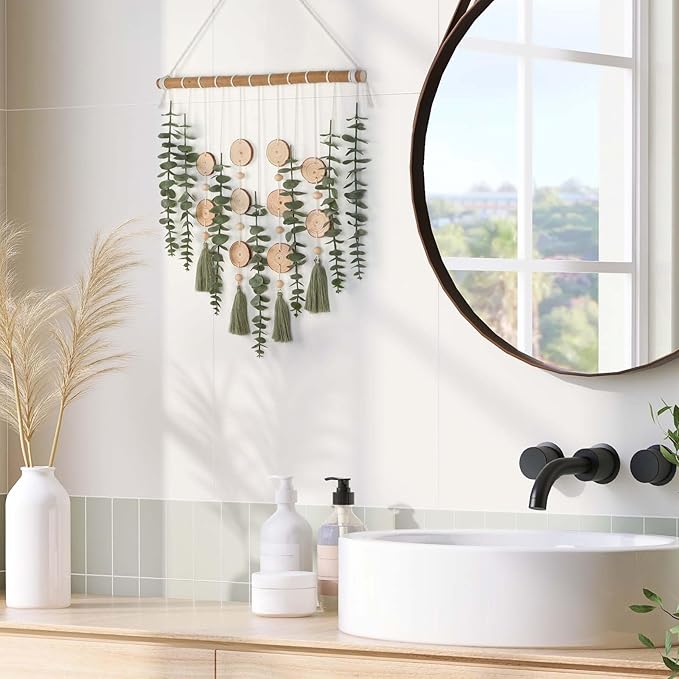 Artificial Eucalyptus Plant Wall Decor Fake Greenery Leaves Stems Wall Hanging Faux Plants on Wood Stick Green Boho Rustic Farmhouse Decor for Bathroom Bedroom Dining Room Indoor Home