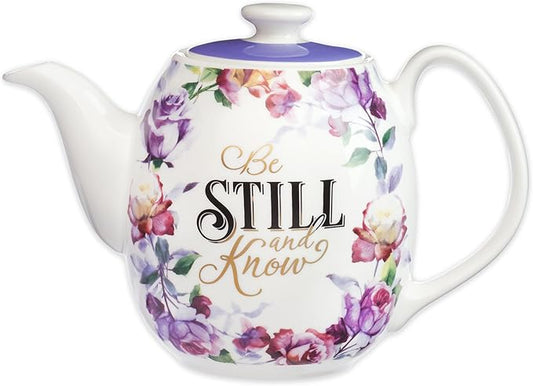 Christian Art Gifts Women's White Ceramic Teapot for One: Be Still and Know - Psalm 46:10 Inspirational Bible Verse, Novelty/Vintage Purple Rose Flower w/Golden Foil for Hot & Cold Liquids, 32 oz.