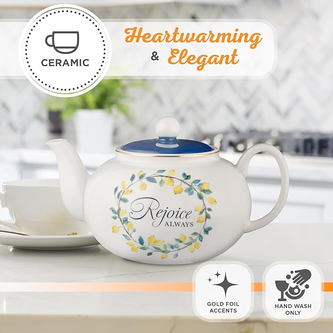 Christian Art Gifts Large Ceramic Cute Inspirational Scripture Teapot for Women: Rejoice Always Bible Verse for Home & Kitchen w/Gold, Easy-pour Lead & Cadmium-free, White/Blue & Yellow Lemons, 34 oz.