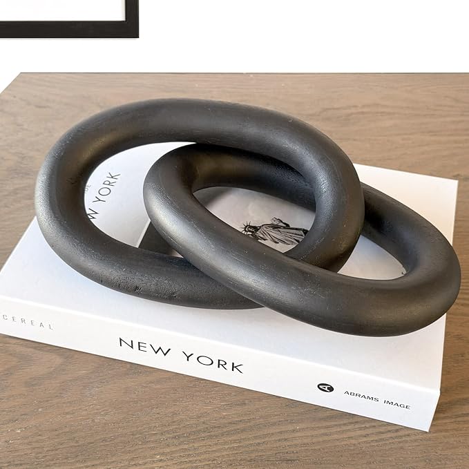 Product Elevations Wood Chain Link Decor – 13” Black Wooden Decorative Object for Coffee Table Decor & Neutral Decor for Home – Modern Knot Accent for Shelf Styling, Books, or Housewarming Gifts