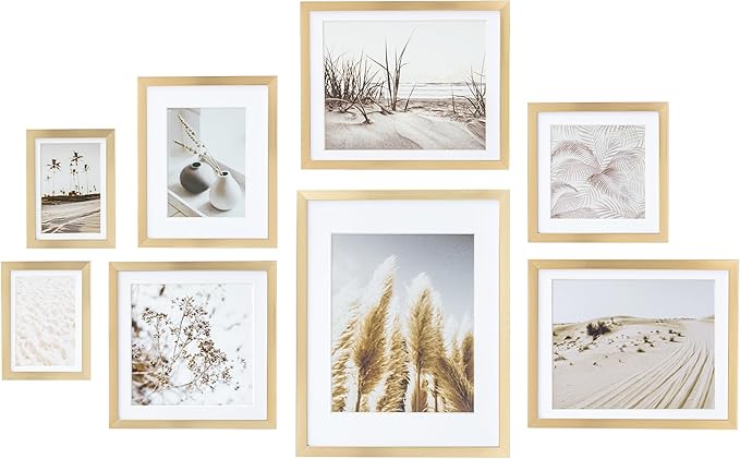 ArtbyHannah Gallery Wall Frame Set, 8 Pack Picture Frames Collage Wall Decor with Neutral Pampas Grass Art for Living Room, Assorted Size Including 11"x14", 8"x10", 5"x7"(Gold Frame)