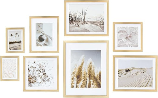 ArtbyHannah Gallery Wall Frame Set, 8 Pack Picture Frames Collage Wall Decor with Neutral Pampas Grass Art for Living Room, Assorted Size Including 11"x14", 8"x10", 5"x7"(Gold Frame)