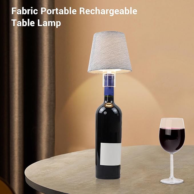 LED Wine Bottle Desk Lamp, Rechargeable Fabric Wireless Bottle Lamp with Shade, Portable Light for Bedside Bar Table, Romantic Ambiance