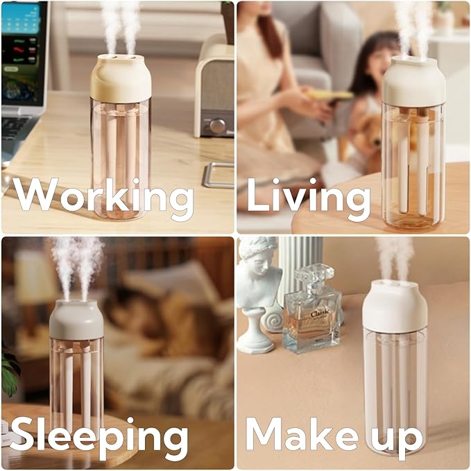 Portable Small Humidifier Dual Nozzle - Large Cool Mist Humidifiers Double Spray Ports, Water Shortage Protection, Ultra-Quiet, Mini Humidifier for Bedroom Plants Office Car Travel (P07)