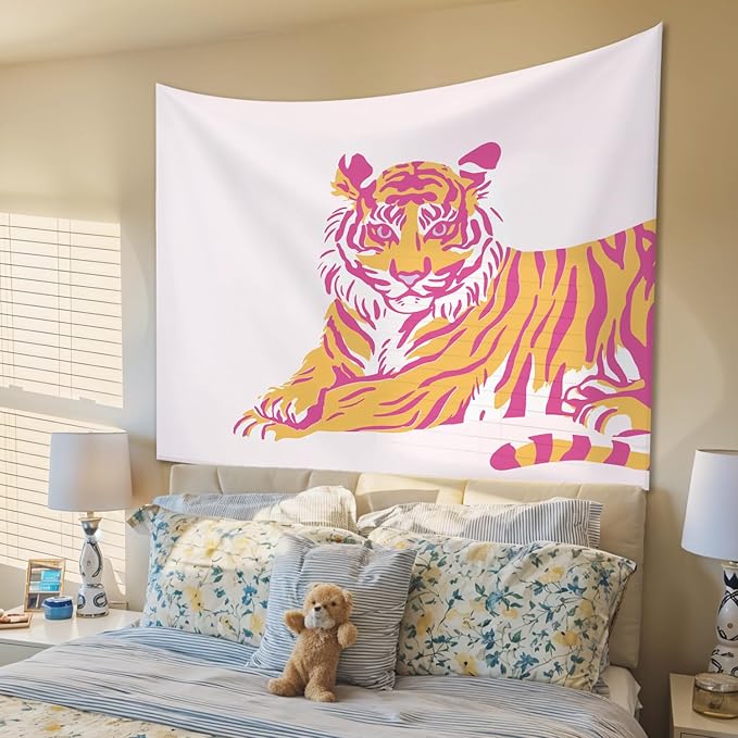 STHTTSW Pink Tiger Dorm Tapestry Aesthetic, Trendy Funky Preppy Tiger Tapestries, Pink and Orange Room Decor, Cute Girly Wall Hanging Decor for Teen Girl Women College Bedroom, 50x60 Inch