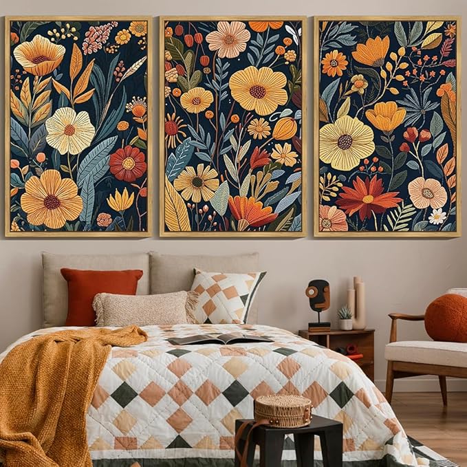 KUVIOKE Vintage Flower Framed Wall Art Colorful Boho Floral Wall Decor Botanical Retro Wildflower Modern Artwork Bedroom Living Home Decor 24x36in (Natural Framed)